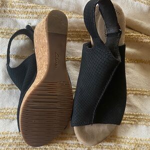 Clarks Black Cork Wedge Slingback Sandals